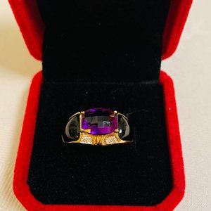 Genuine Purple Amethyst and Black Onyx Diamond ring in14k Gold